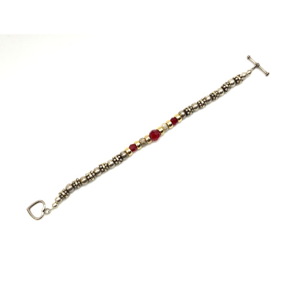 Beaded Sterling Silver Heart Toggle Bracelet w Gold,Silver and Red Crystal Beads - Picture 5 of 9
